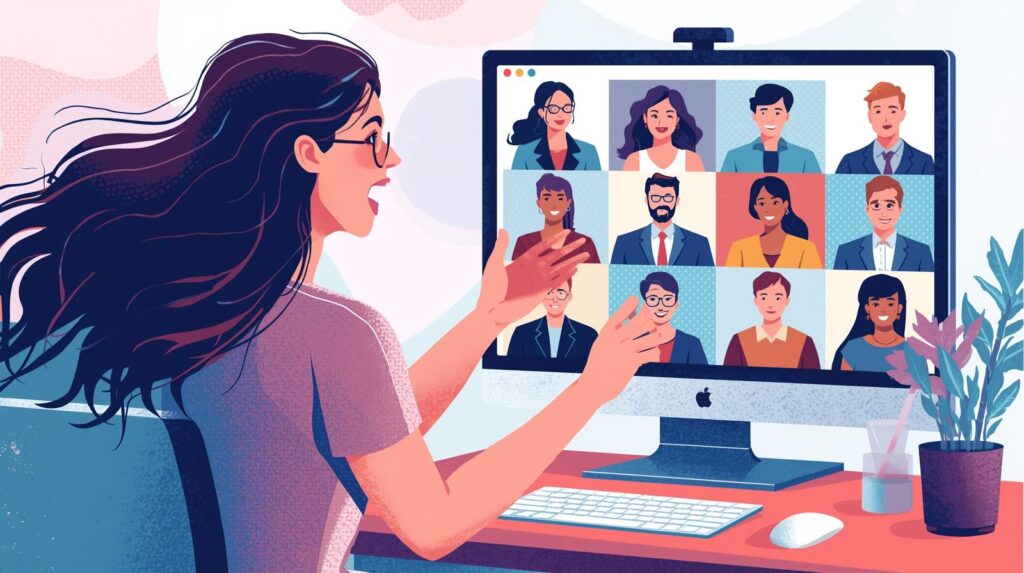 オンラインセミナーを開催しているロングヘアの女性イラスト　パソコンで多くの人に講義している